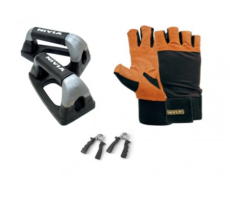 Combo Pack of Nivia Gym Gloves + Nivia Dips Stands + Hand Grippers. Buy Now..!!!